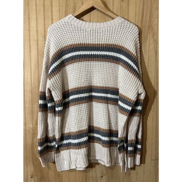 Arizona Jean Women XXL Acrylic Chunky Knit Pullover Oatmeal Striped Sweater - Picture 2 of 4